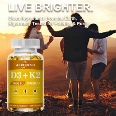 Vitamin D3+K2 5000 IU 300 MCG Vitamins Capsules | Non-GMO, Vegan, Nutural, Gluten-free | Health Supplement