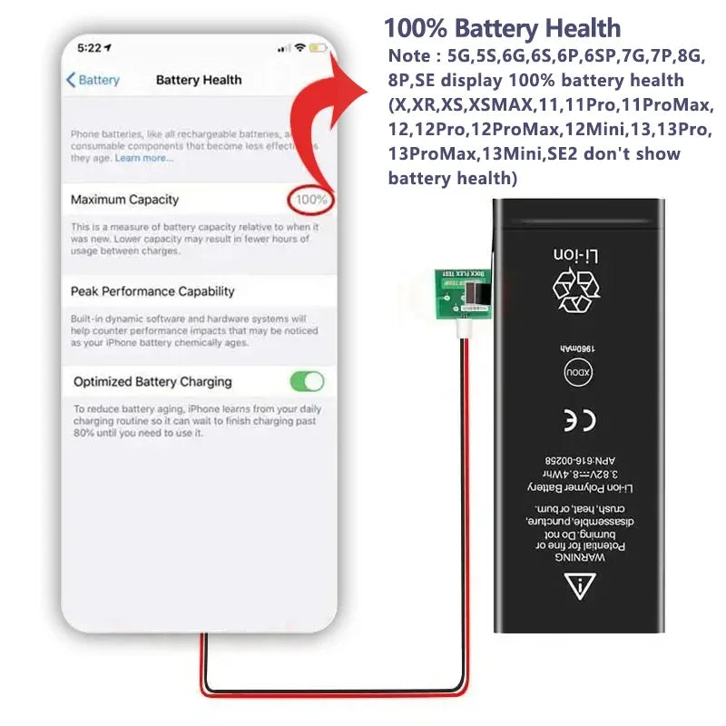 Mumzar iPhone 11 to 14 replacement battery showing 100 percent battery health on iPhone screen and battery pack