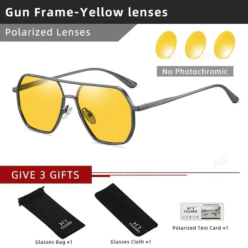 Square sunglasses with gunmetal frame and yellow polarized lenses