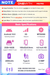 WORLD PREMIER SOYES ONEMYTH  Mini SmartPhone 16Pro 4.0" Android 10, Dual SIM, 2000mAh, 5MP Camera, 2GB+16GB, Face Unlock