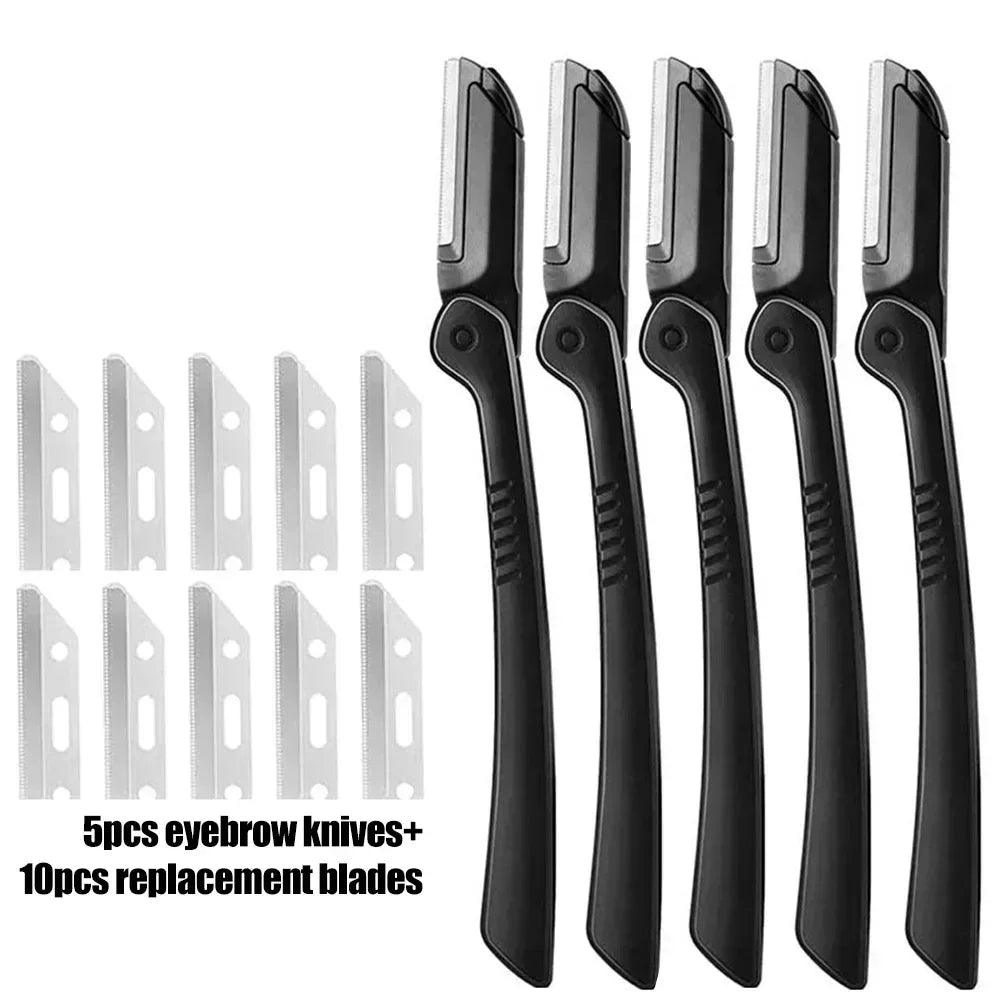 Eyebrow razor set with five black handles and replacement blade guards