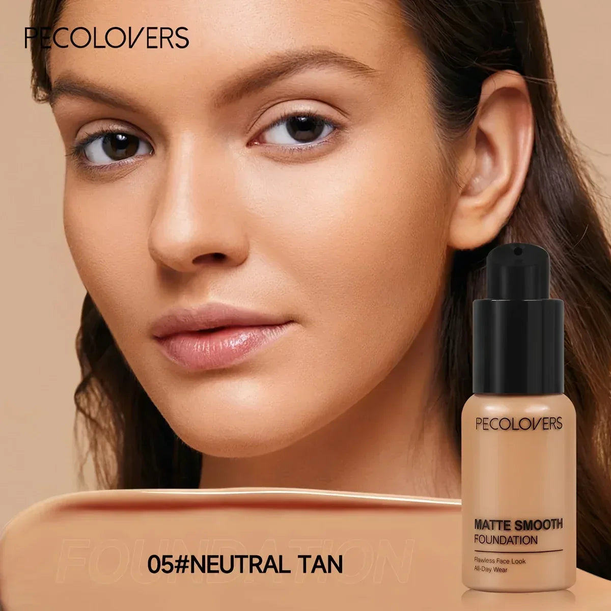 Matte finish liquid foundation bottle, Neutral Tan 05 on model face