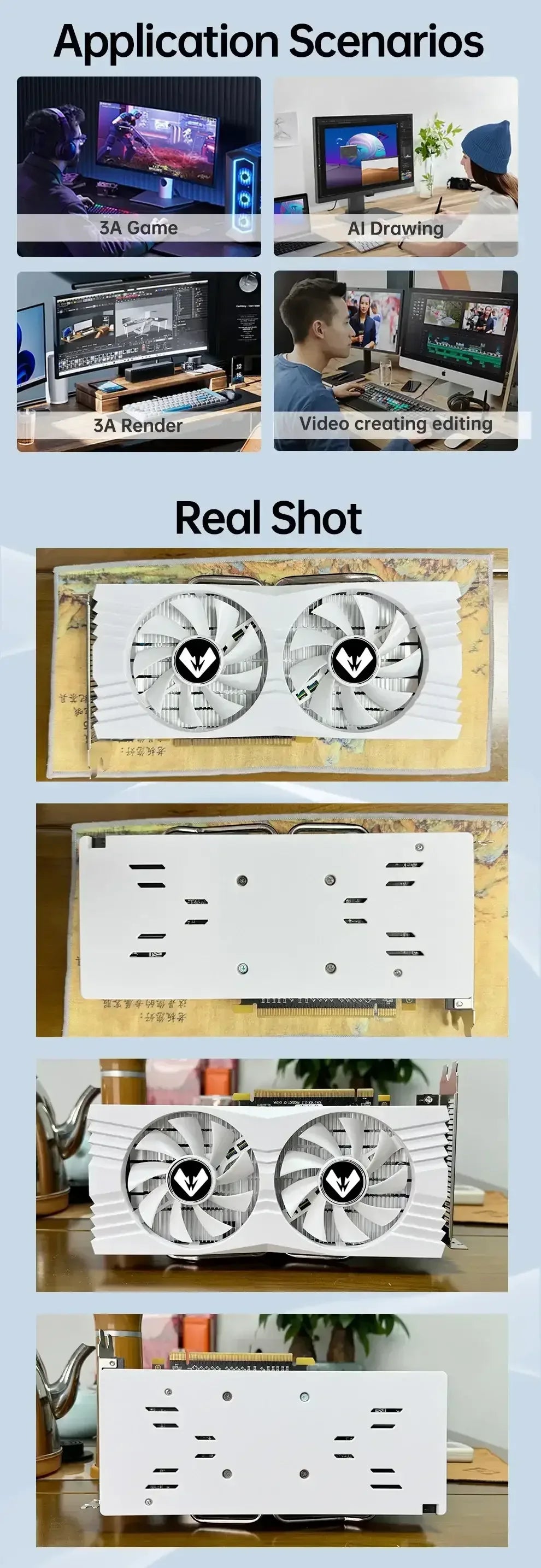 RX580 graphics card infographic showing application scenarios and real shot panels
