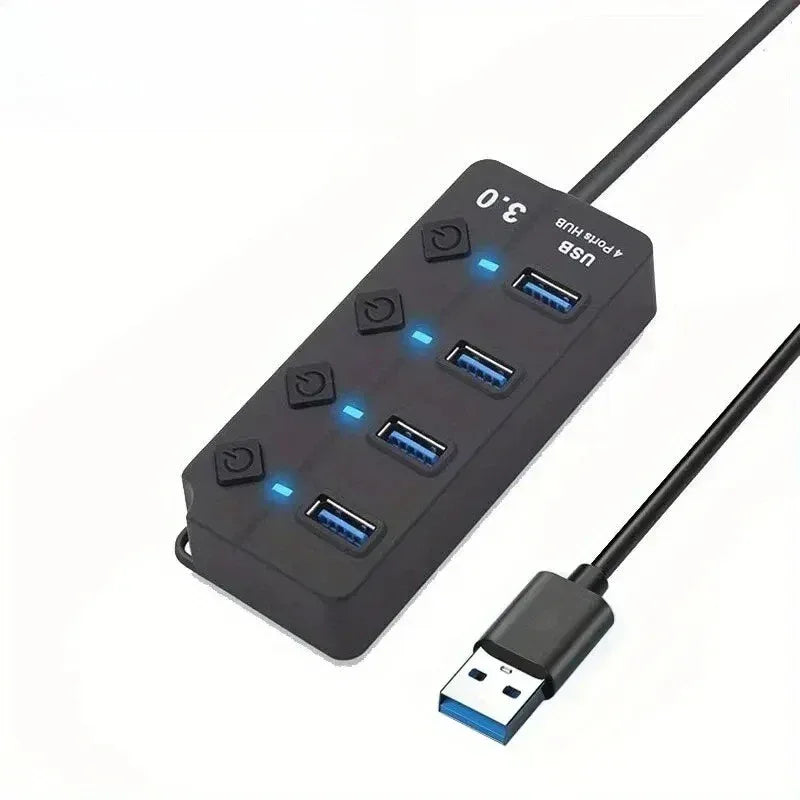 USB 3.0 hub with seven blue ports and illuminated LED indicators next to switch buttons