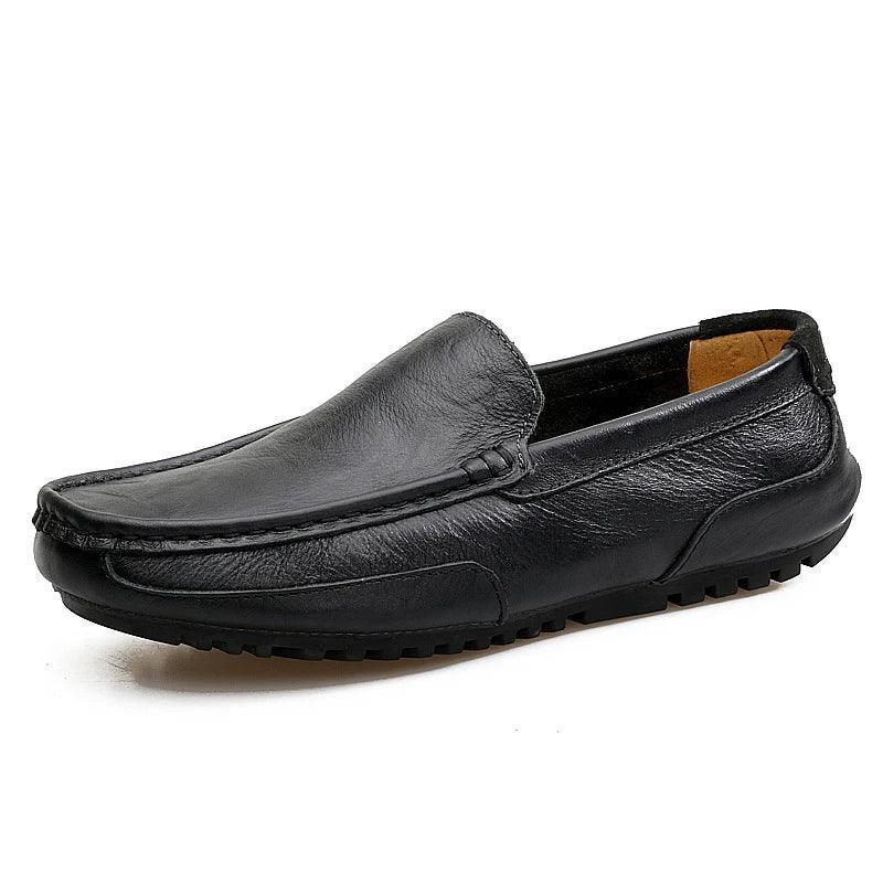 Men's black smooth leather slip-on loafer with moc toe and rubber tread sole