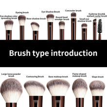 Makeup brush set display showing multiple brush heads and sizes with brown handles