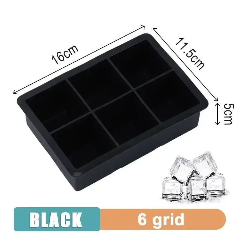 Black silicone ice cube tray mold with 6 grid sections and rectangular cavity layout
