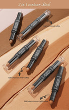 2-in-1 contour sticks with shade labels and beige to tan stick tips in tray