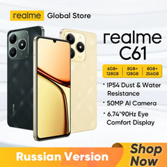 هاتف realme C61 الذكي بطارية 5000 مللي أمبير/ساعة شحن فائق السرعة 15 وات كاميرا 50 ميجابكسل AI شاشة 90 هرتز محرك AI IP54 256 جيجابايت NFC
