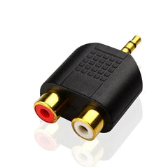 محول مقسم ستيريو مطلي بالذهب مقاس 3.5 مم إلى 2-RCA ذكر إلى أنثى أحمر + أبيض محول RCA مزدوج للتلفزيون