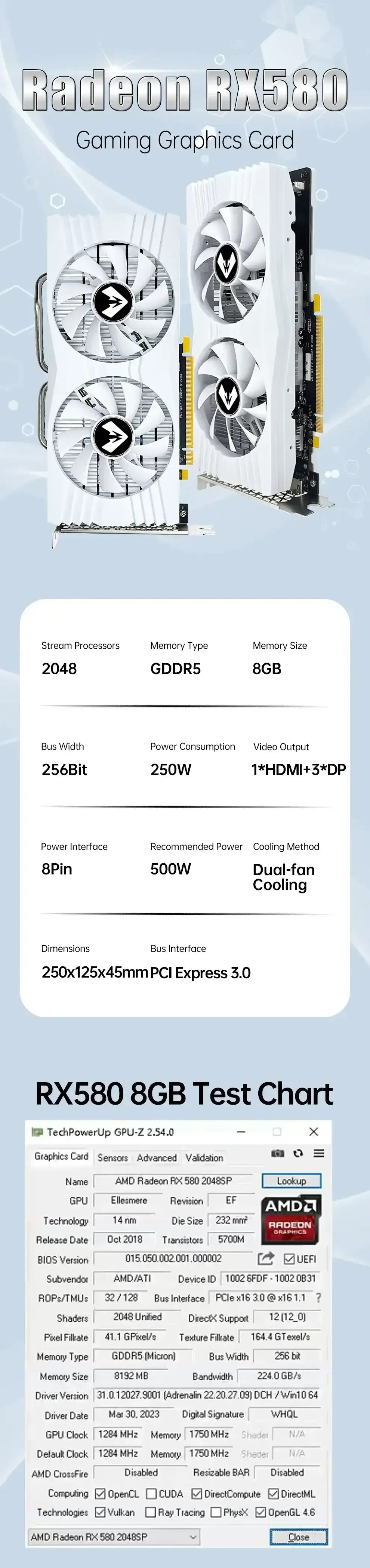 Radeon RX580 gaming graphics card with spec chart and small front-view product photo