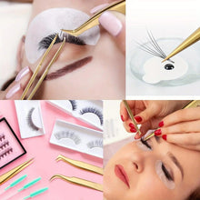 Lash application: golden tweezers placing false lashes on eye with lashes and pad