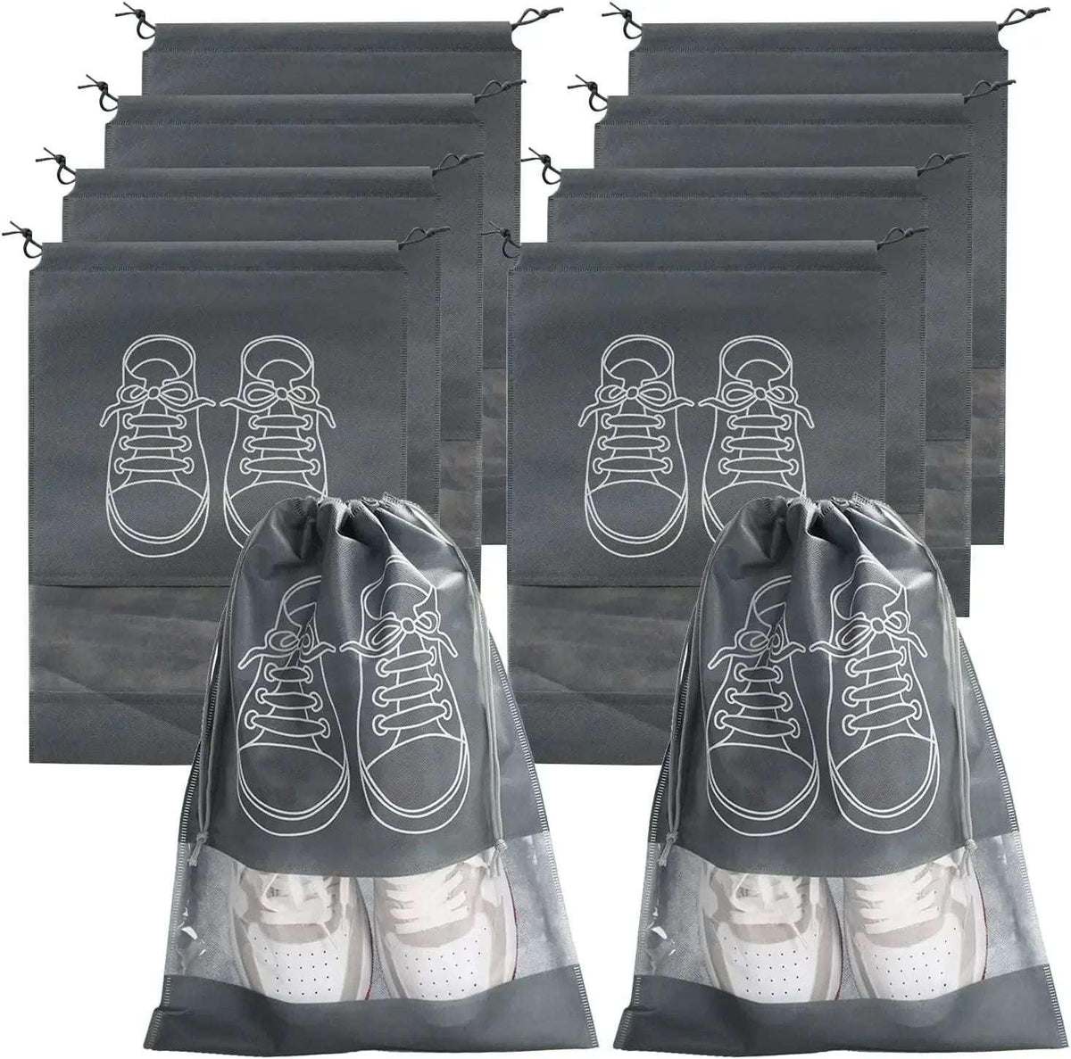 Dark gray non-woven shoe dust storage bags set with drawstring and white shoe print