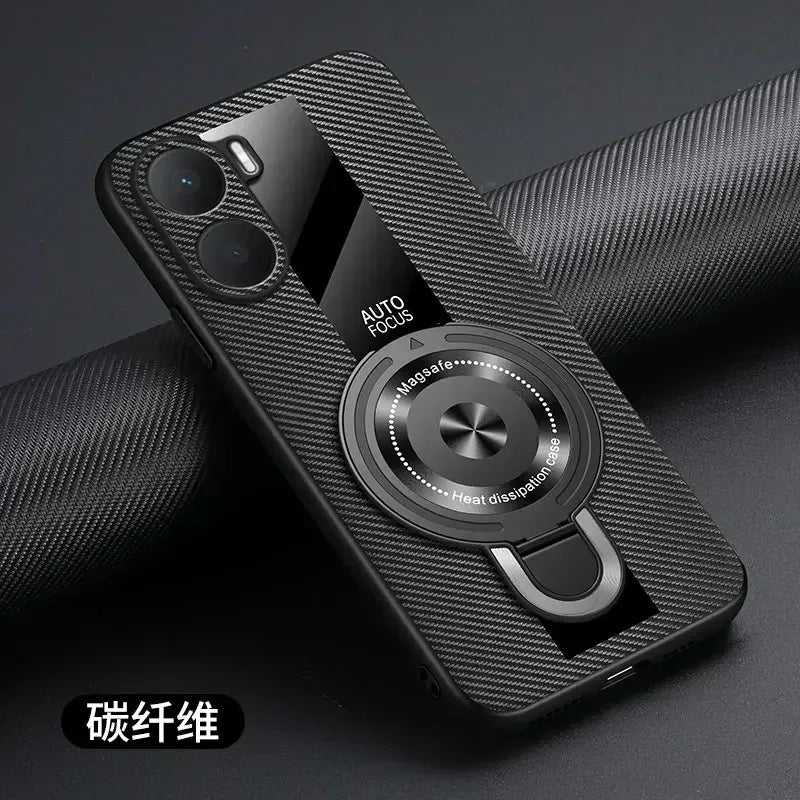 Black carbon-fiber phone case with magnetic ring holder, camera cutouts