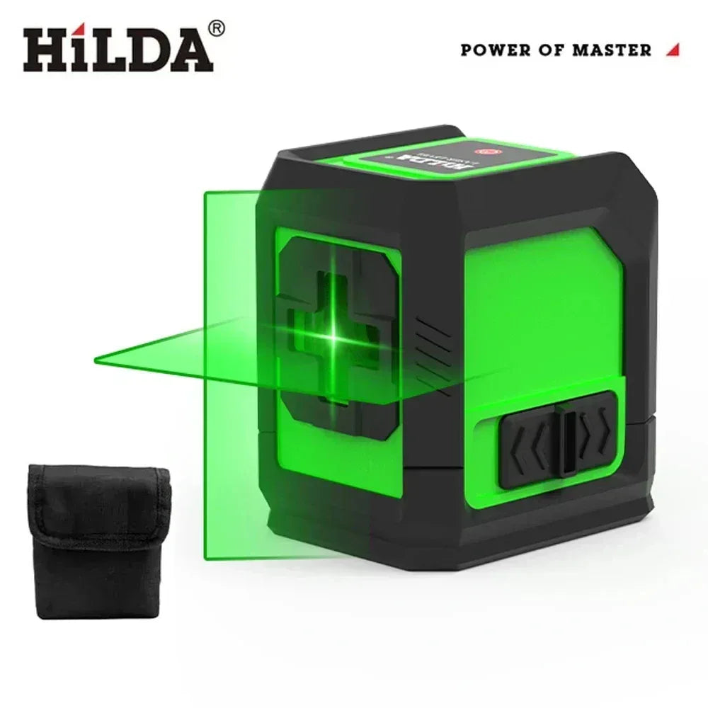 Cross-line laser level meter with green laser window and included black storage pouch