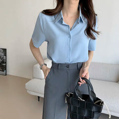 Ele Chiffon irt ort Sve Summer New Loose Collar  Ne White Top Women's Faion Commute Sle Straight Cut