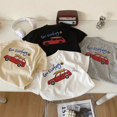 Child Short Sleeve Bottoming Shirt Cartoon Car Print Tops Solid Color Fashion Casual Wear 0-6Age Boys Summer Trendy Clothing