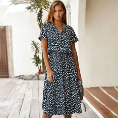 Polka Dot Short Sleeved Dress shirt Collar  Dress European and American Fashion Dress