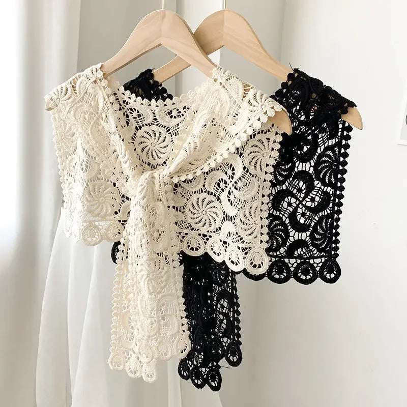 Women Shrugs Lace Hollow Out Female Summer Casual All-match Shawls Simple Scarf-collar Sleeveless Knitted Tops Korean Style Chic