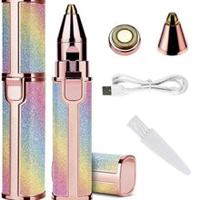 Electric eyebrow trimmer kit with rose gold trimmer, spare heads, USB cable, brush