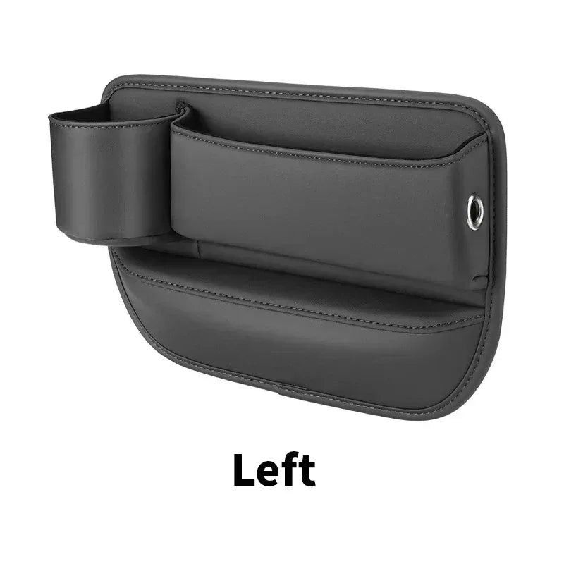 Dark car seat gap organizer with left-side cup holder and central storage pouch