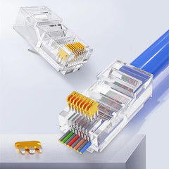 موصل Montions Rj45 Cat5e Cat6A موصل مرور شبكة غير محمي 8P8C موصل معياري لكابلات Ethernet