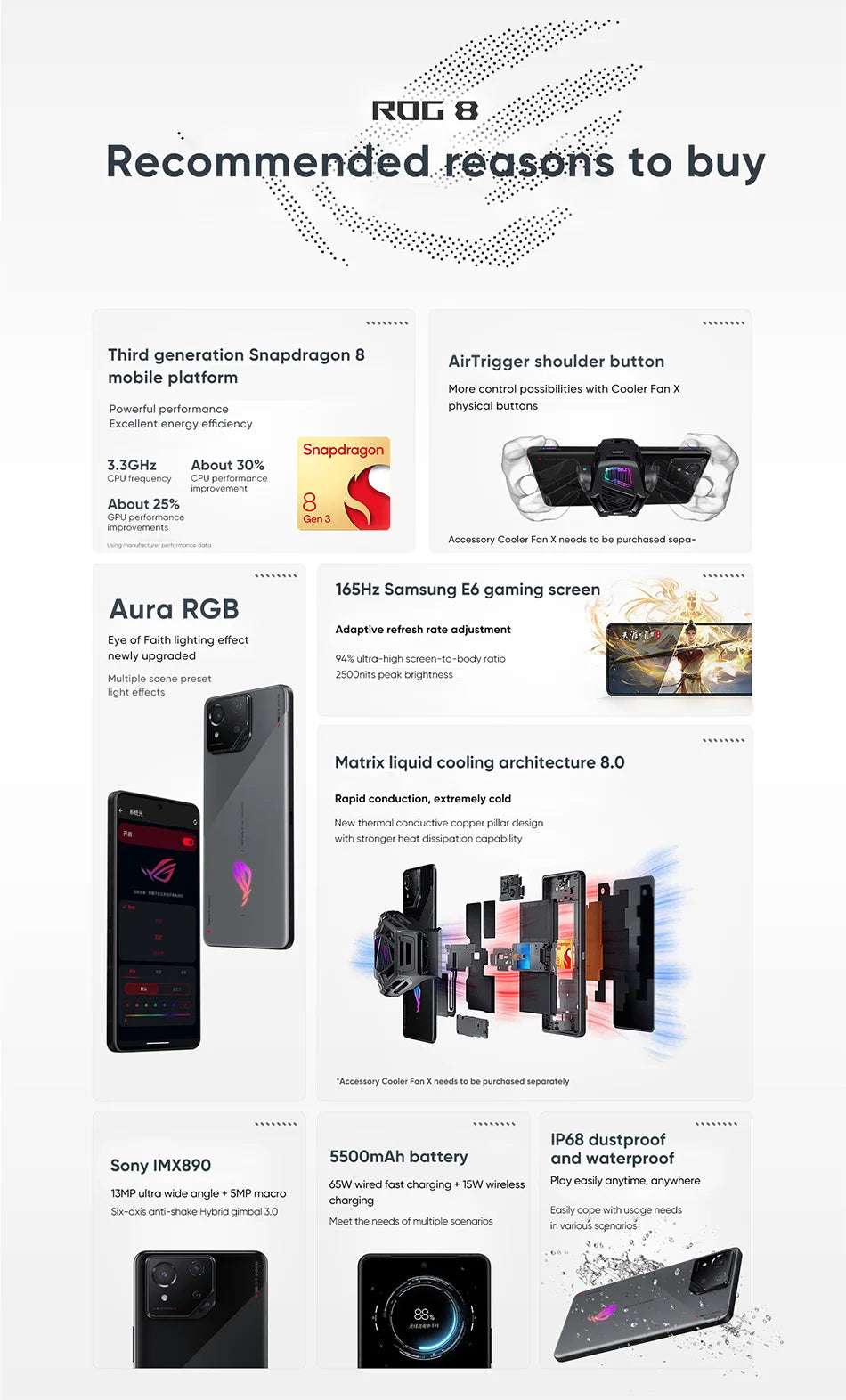 ASUS ROG 8 & 8 pro android 5G Gaming Phone Global Rom Snapdragon 8 Gen 3 6.78'' 165Hz AMOLED Screen 5500mAh 65W Fast Charge