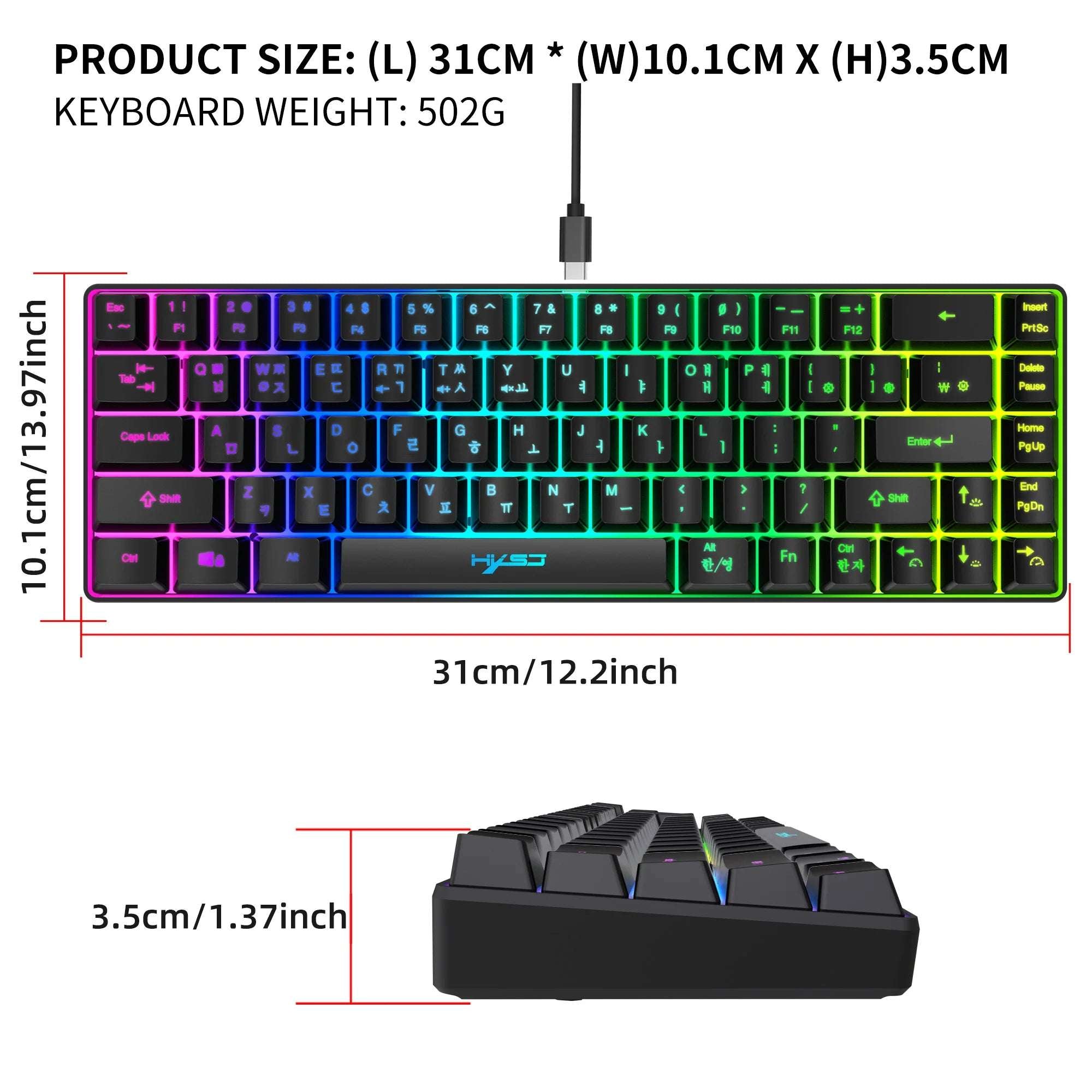 Portable HXSJ V200 68-key Korean gaming Keyboard, 65% RGB Backlit Wired office membrane Keyboard for Desktop PC and Laptops