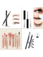Eye makeup set collage: eyeliner and brow pencils, mascara, and soft pink brush tips.
