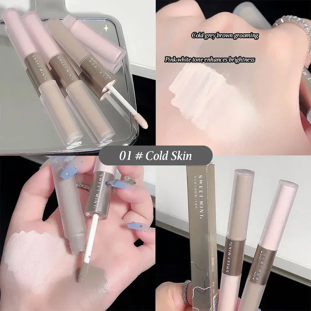 Double-ended contouring liquid highlighter and shadower, swatch on skin and shaded tube