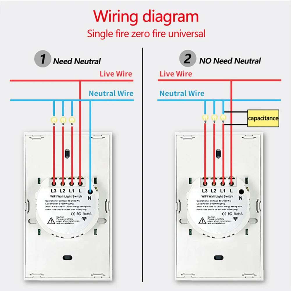 Tuya US WiFi Smart Wall Switch RF433 1/2/3/4 Gang No Neutral Wire Touch Sensor LED Light Switches Smart Home Alexa Google Home