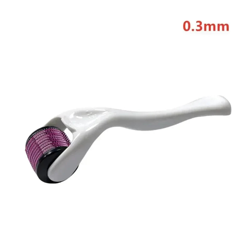 0.3mm facial derma roller with white handle and pink needle cartridge
