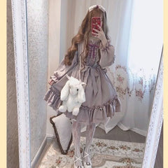 Alice In Wondeland Cute Women Lolita OP Dress Flouncing Lace Trim Japanese Harajuku Long Sleeves Doll Teen Dress Fairy Vestidos