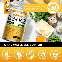 Vitamin D3 5000IU and 200 Mcg Vitamin K2 (MK-7) Capsules for Calcium Absorption, Bone Regeneration, Immune Support, Easy To Melt