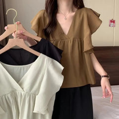Ele Summer New Sle Women's irt Beautiful Soft Korean Sweet Fly Sve V-ne Top Polyester Fiber Casual Faion