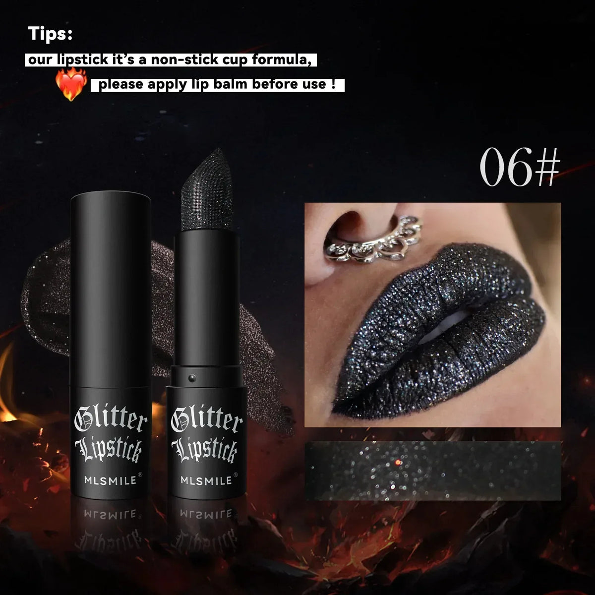 Glitter lipstick 06# dark metallic silver with sparkle swatch on skin