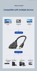 كابل موزع متوافق مع HDMI بمنفذين، بدقة 1080 بكسل، محول موزع Y لشاشة الكمبيوتر المحمول وصندوق التلفزيون