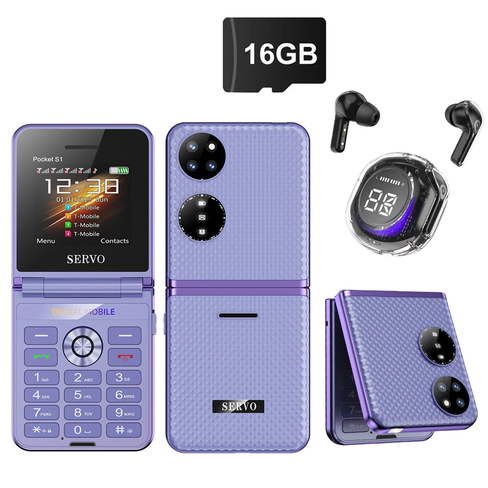 هاتف محمول SERVO Pocket S1 بأربع بطاقات SIM قابل للطي، اتصال سريع، GSM، صوت سحري، مصباح يدوي، تسجيل مكالمات، MP4، FM، نسيج، هواتف خلوية