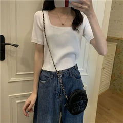 Slim Fit ort Sve Ice Silk Knitted irt Women's Faion Spring Summer Thin Sle Square Collar Princ Sve Top