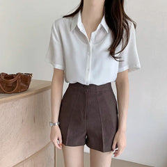 Ele Chiffon irt ort Sve Summer New Loose Collar  Ne White Top Women's Faion Commute Sle Straight Cut