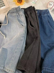 High Waist Wide Leg ort Jeans Women's Summer Loose Fit Slimming Straight Cut Blue Denim orts Thin Material Five-Quarter L...