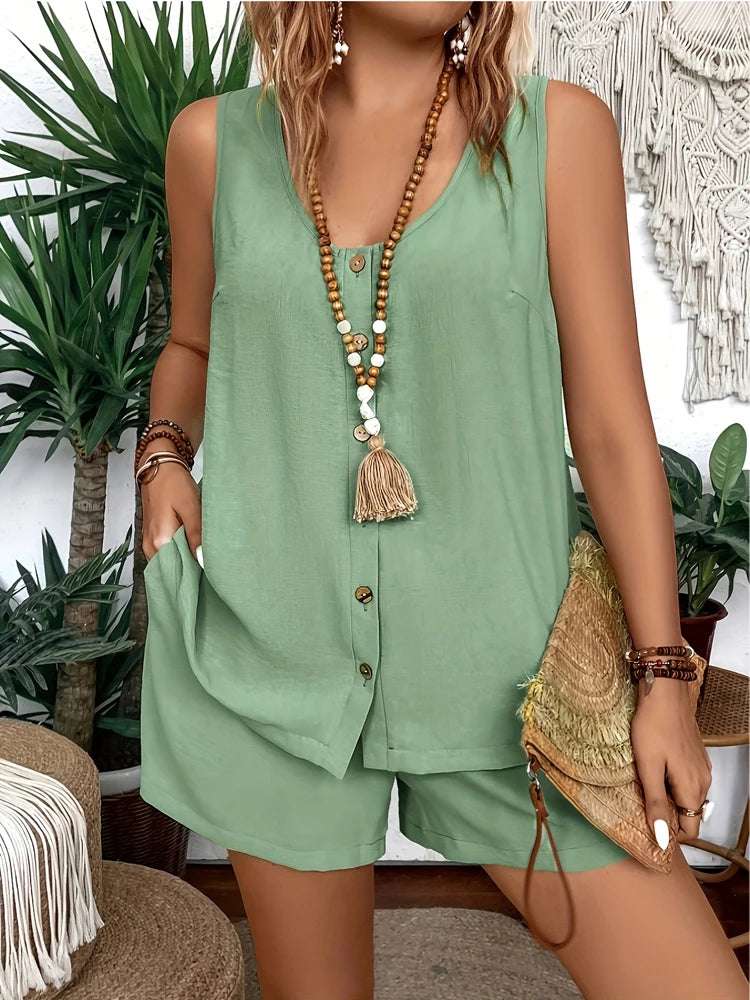 Plus Size Women's 2025 Summer New Sleeveless Round Neck Vest Casual Short Solid Colour Home Commuter Style Two Piece Set