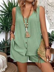 Plus Size Women's 2025 Summer New Sleeveless Round Neck Vest Casual Short Solid Colour Home Commuter Style Two Piece Set