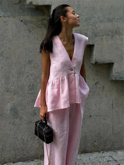 Fashion Pink 2 Piece Set Women Summer Chic Elegant Outfit Single Breasted Sleeveless Ruffles Tank Top Loose Wide-leg Pants Sets