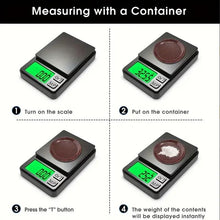 Digital pocket scale with green backlit LCD and container on the platform