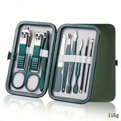 Nail care manicure and pedicure kit in open travel case with clippers, scissors, and files