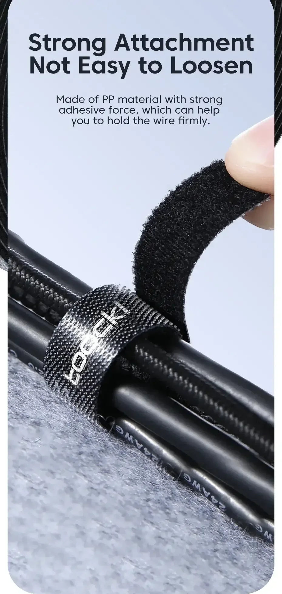 Black cable organizer wire tie loops securing bundled cables
