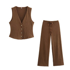 EDSA Women 2 Pcs Set V-Neck Single Breasted Solid Texture Casual Vest Top+High-Waisted Drawstring Wide Leg Pants