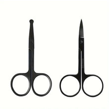 Facial hair trimming scissors set, two black scissors with oval finger loops and sharp tips