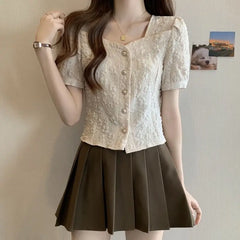 Spring Summer ort Sve Sweet Sle Pure Color Women's irt Slim Fit Chiffon Cardigan irt Fre Sle Small ence